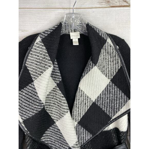 Chicos Cardigan Jacket Sz 1 US M 8/10 Black White Check Belted Wool Blend Knit - Picture 2 of 10